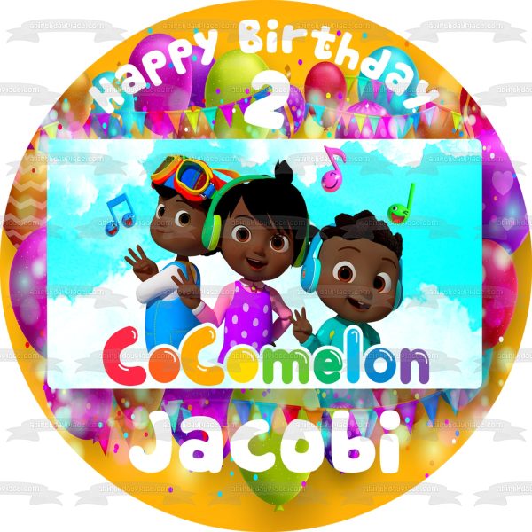 African American Cocomelon Kids Balloons Music Notes Edible Cake Topper Image ABPID54644 For Sale