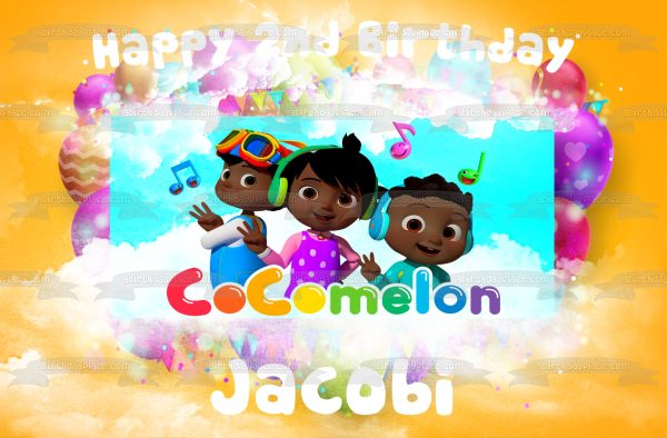 African American Cocomelon Kids Balloons Music Notes Edible Cake Topper Image ABPID54644 For Sale