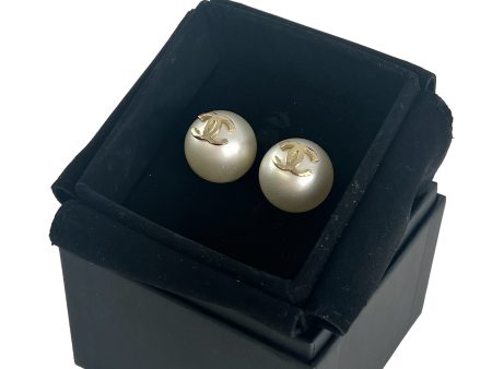 Chanel Large Champagne Gold CC & Faux Pearl Earrings Cheap