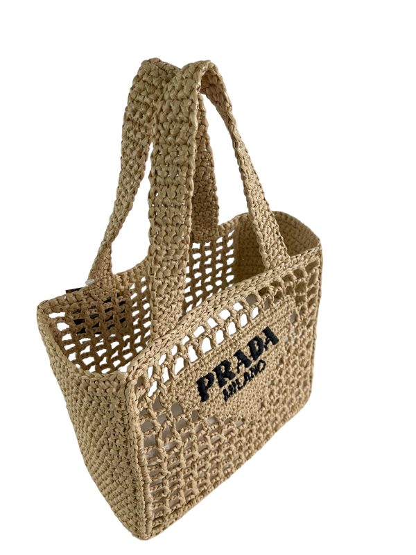 Prada Tan Crochet Raffia Tote Sale