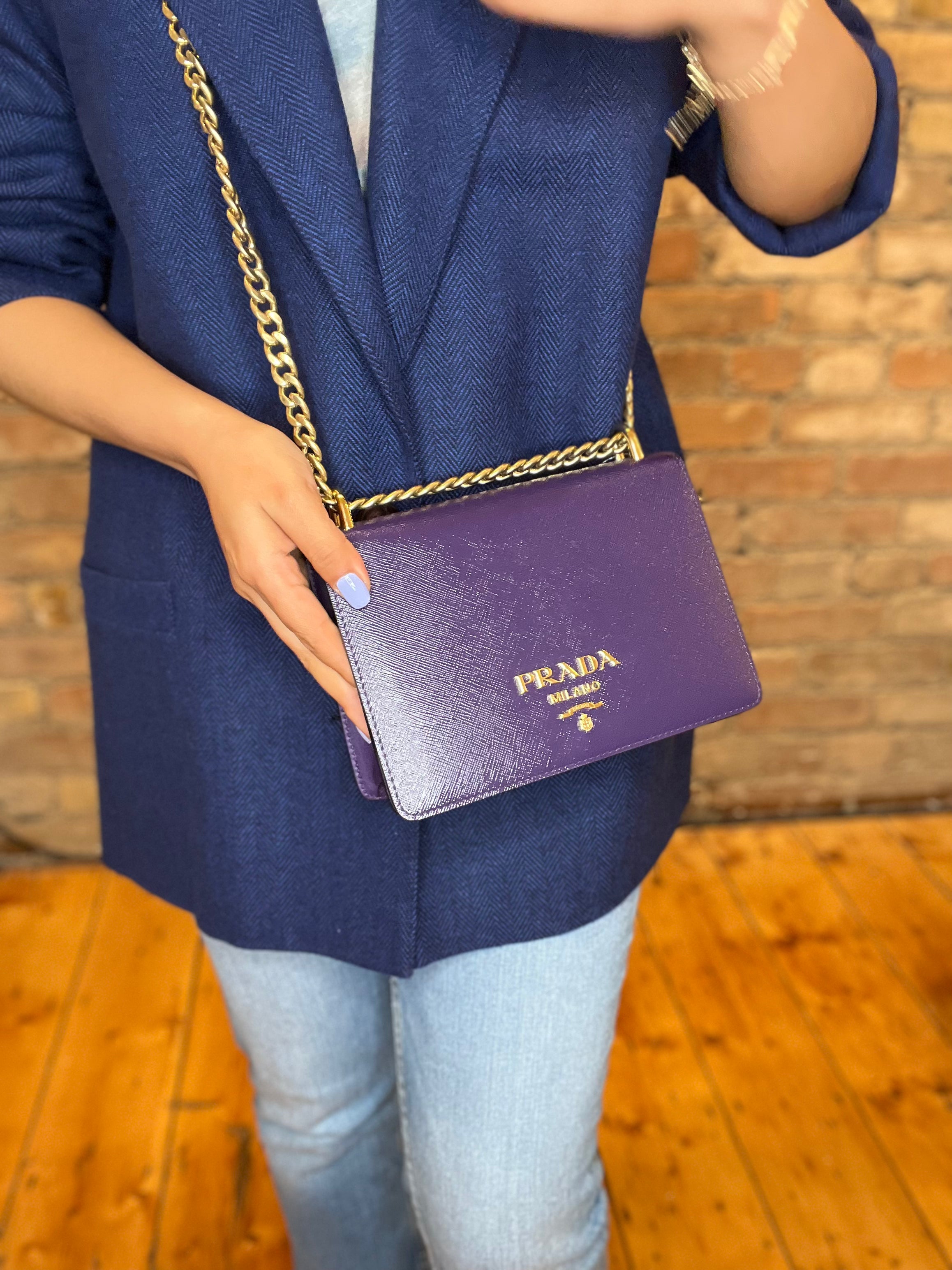 Prada Purple Saffiano Leather Chain Flap Crossbody Discount