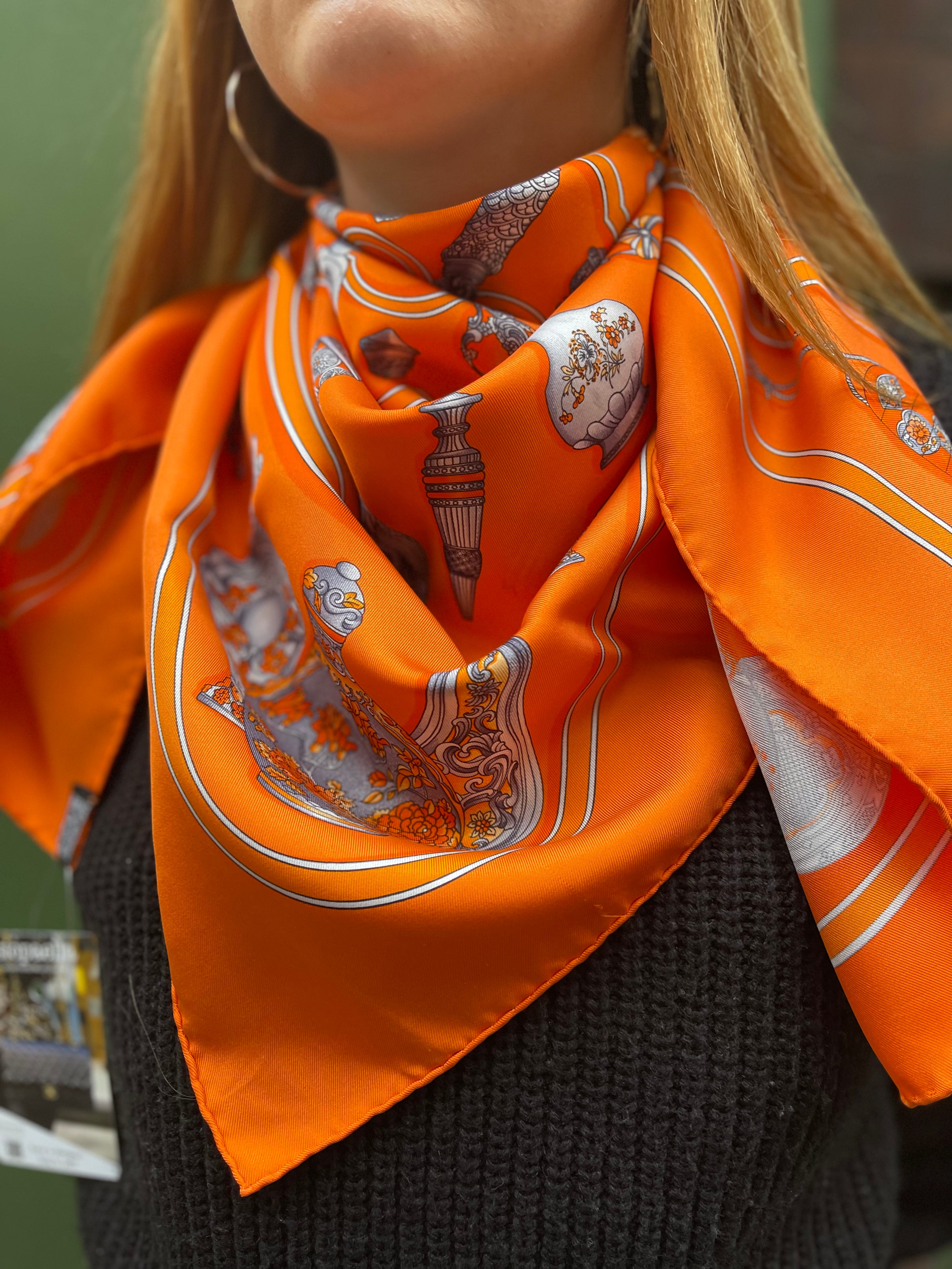 Hermès Orange Printed Silk Scarf Online Sale