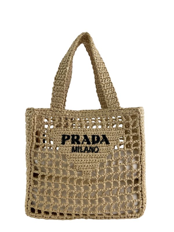 Prada Tan Crochet Raffia Tote Sale