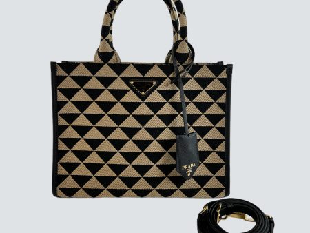 Prada Black and Tan Symbole Jacquard Fabric Tote Hot on Sale