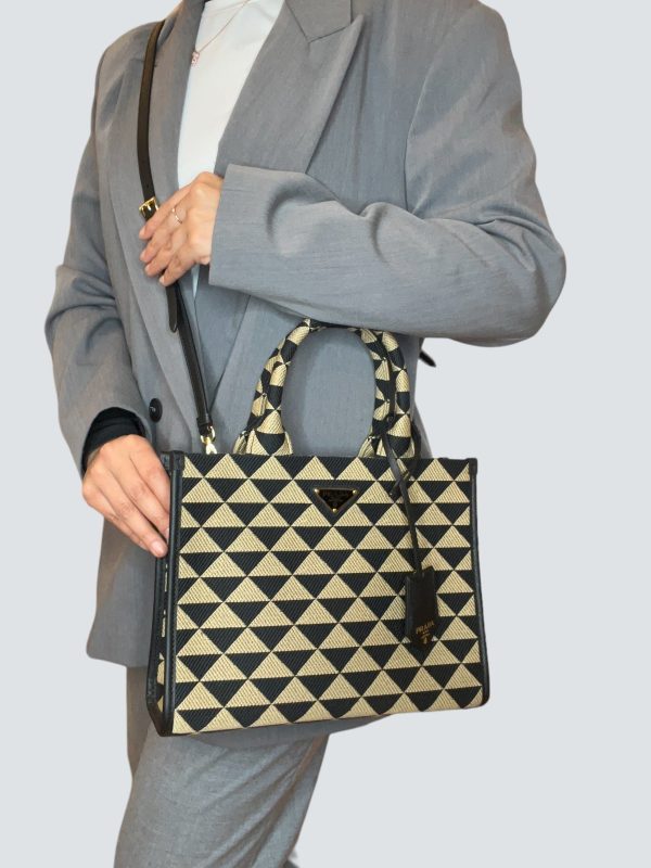 Prada Black and Tan Symbole Jacquard Fabric Tote Hot on Sale