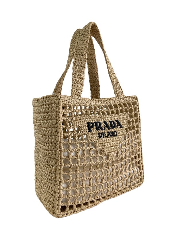 Prada Tan Crochet Raffia Tote Sale