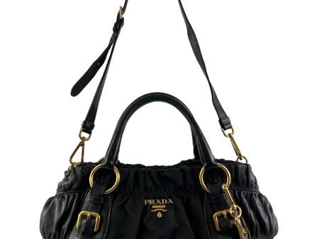 Prada Black Nylon & Leather Ruched Shoulder Bag Cheap