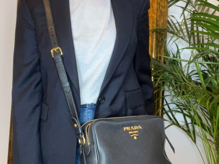 Prada Black Grained Leather Double Zip Camera Crossbody on Sale