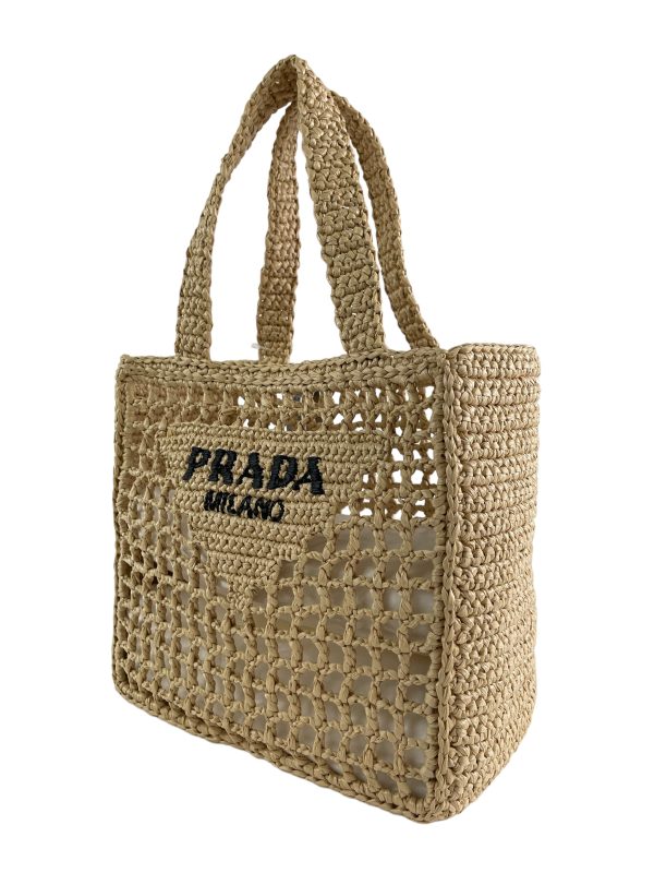 Prada Tan Crochet Raffia Tote Sale