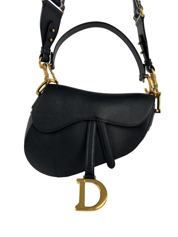 Christian Dior Black Leather Saddle Bag W  Canvas Strap Cheap