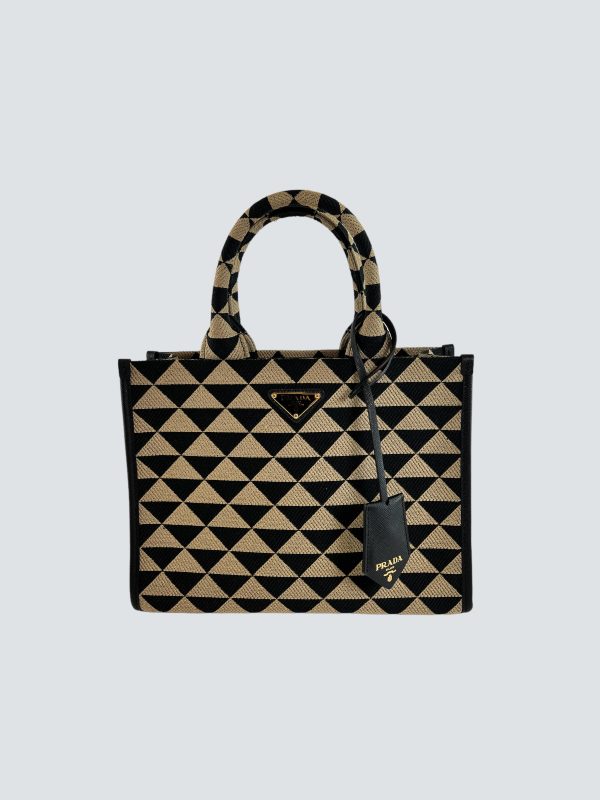 Prada Black and Tan Symbole Jacquard Fabric Tote Hot on Sale