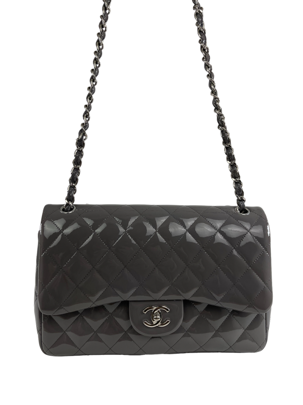 Chanel Grey Patent Leather Jumbo Double Flap Online Sale