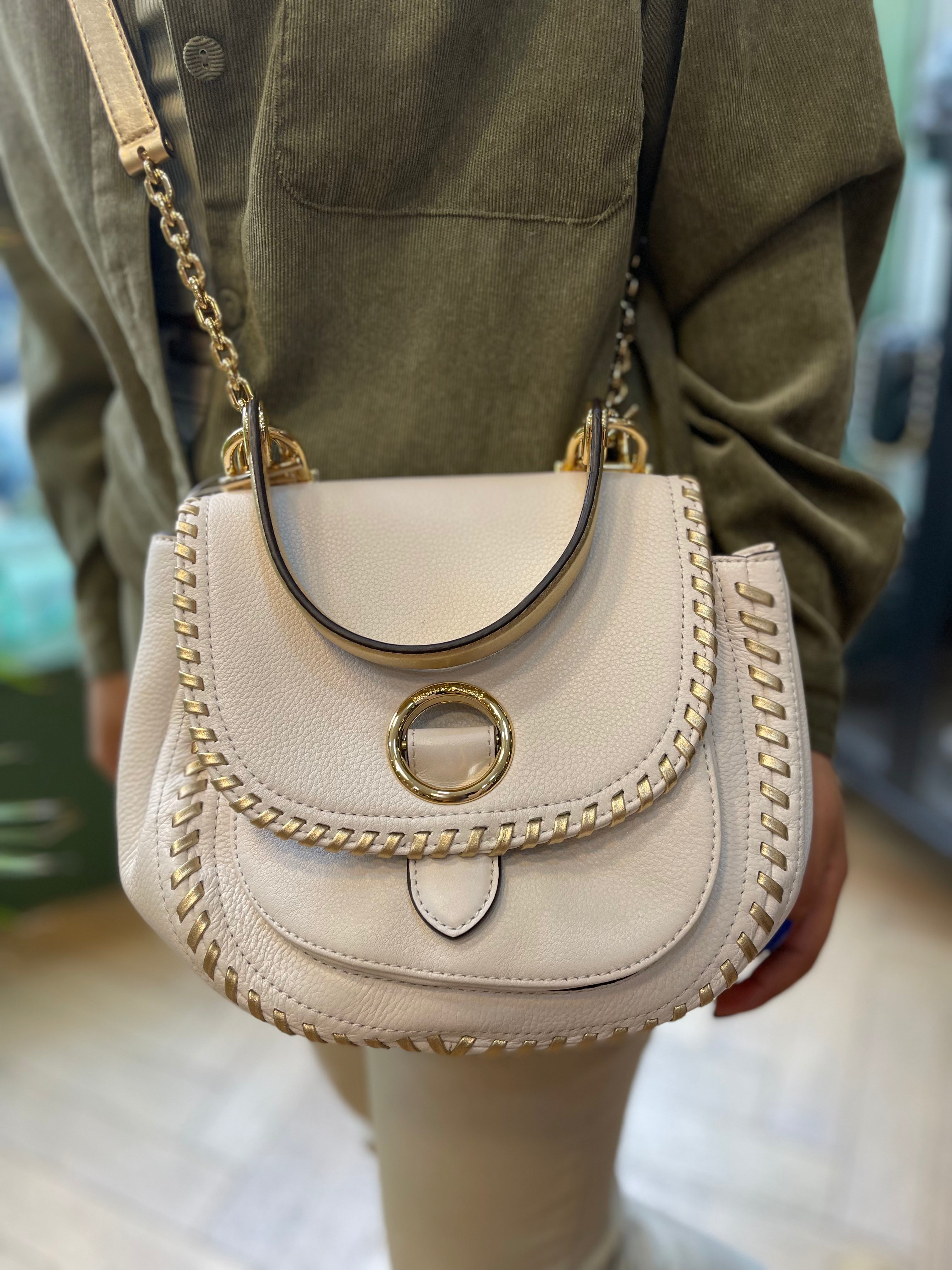 Michael Kors White & Gold Leather Isadore Crossbody For Discount