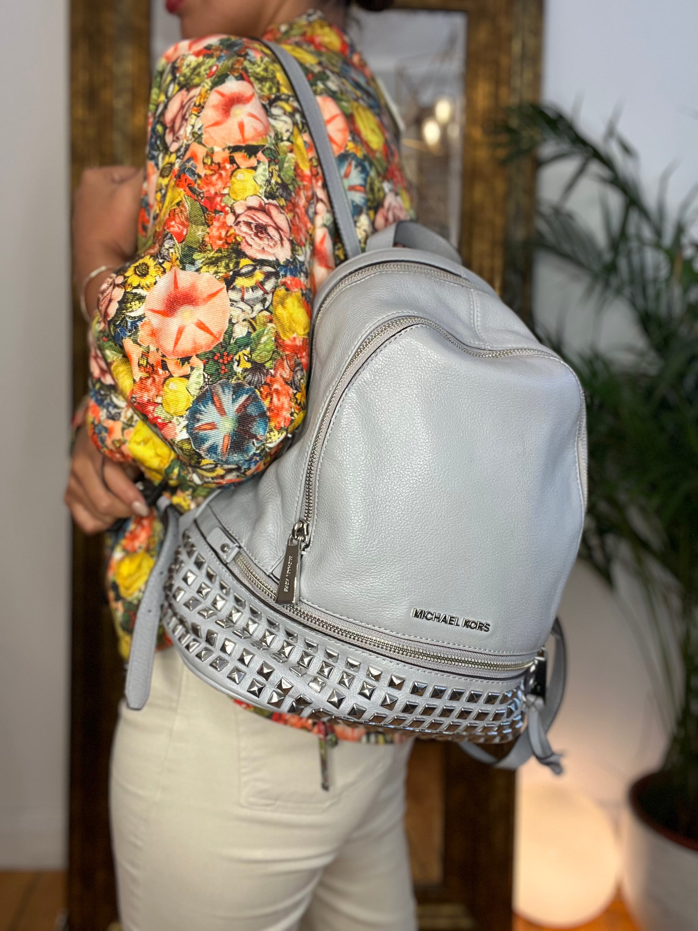 Part payment only - Michael Kors Grey Studded Leather Backpack Discount