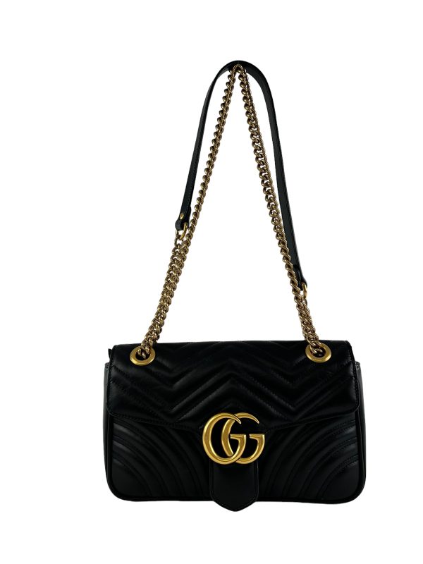 Gucci Black Chevron Leather GG Marmont Shoulder Bag Fashion