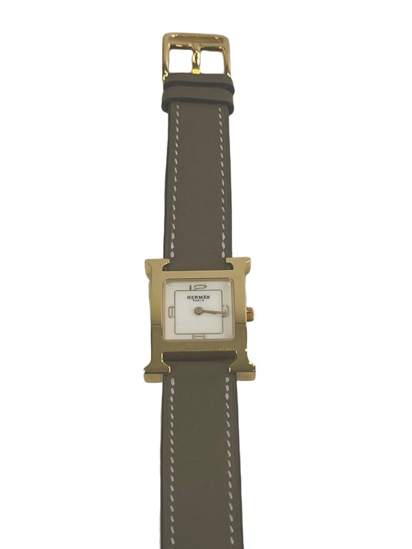 Hermes Etoupe Leather ‘Heure H’ Double Wrap Watch Cheap