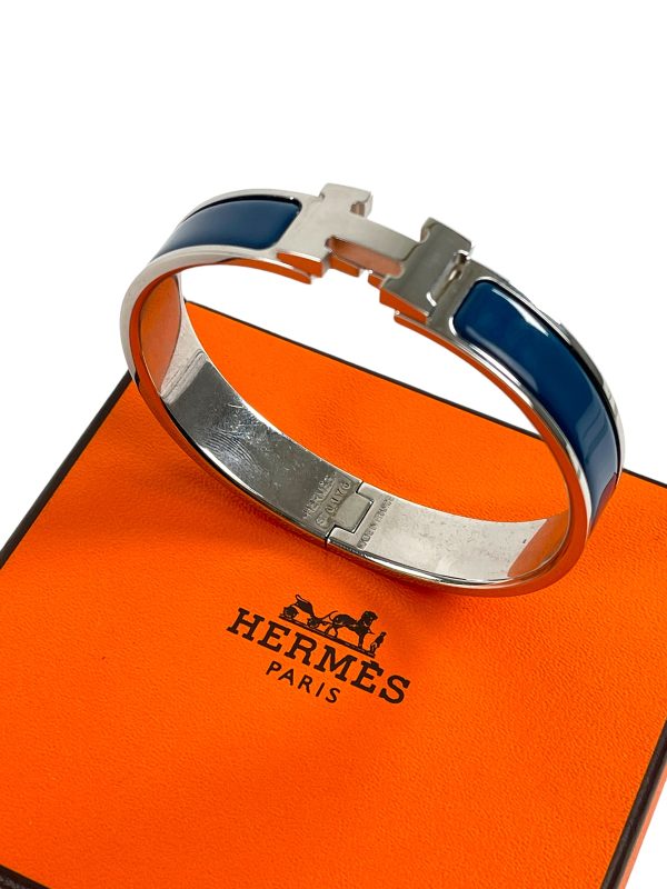 Hermès Blue Enamel Palladium Plated  H  Bracelet Discount