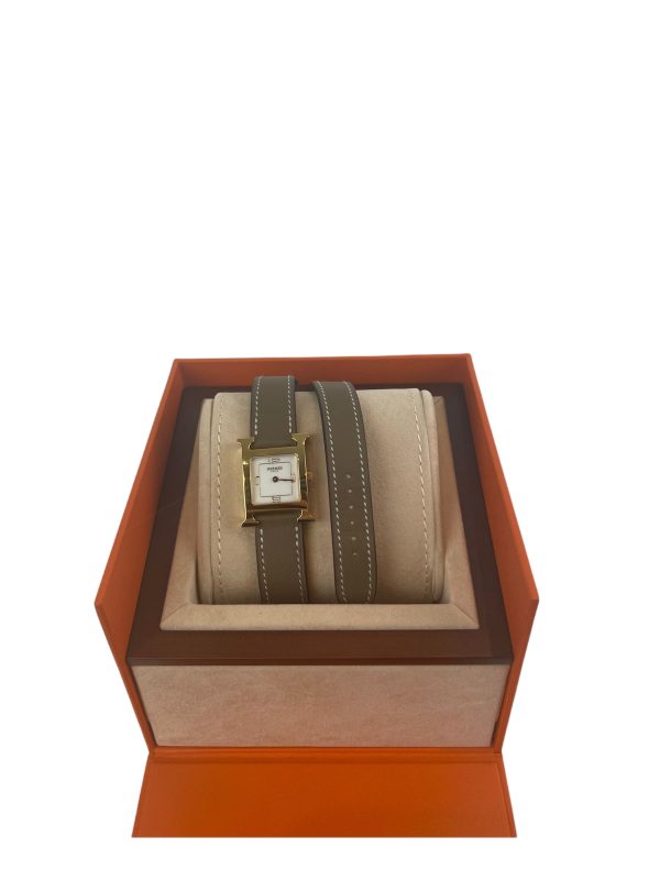 Hermes Etoupe Leather ‘Heure H’ Double Wrap Watch Cheap