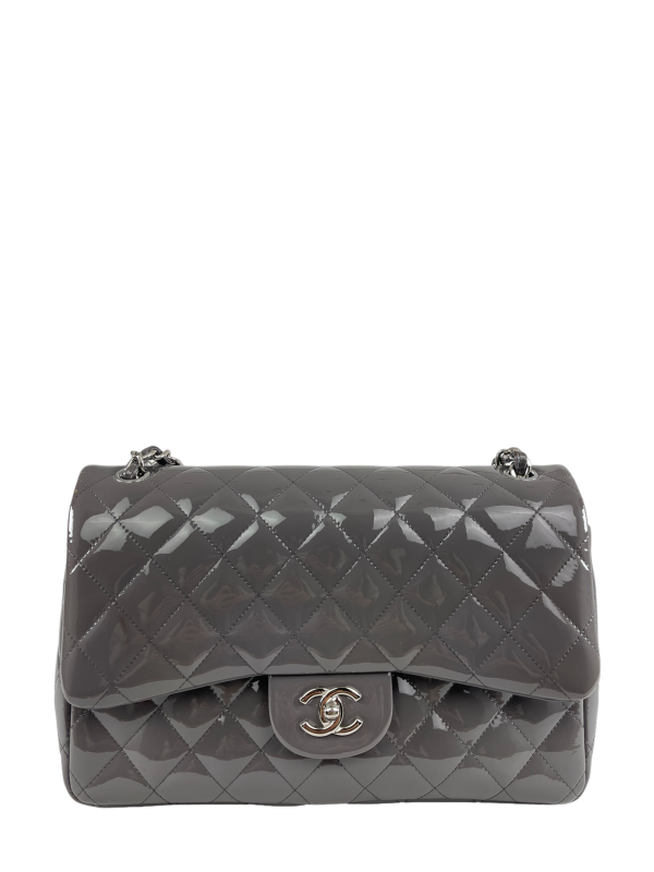 Chanel Grey Patent Leather Jumbo Double Flap Online Sale