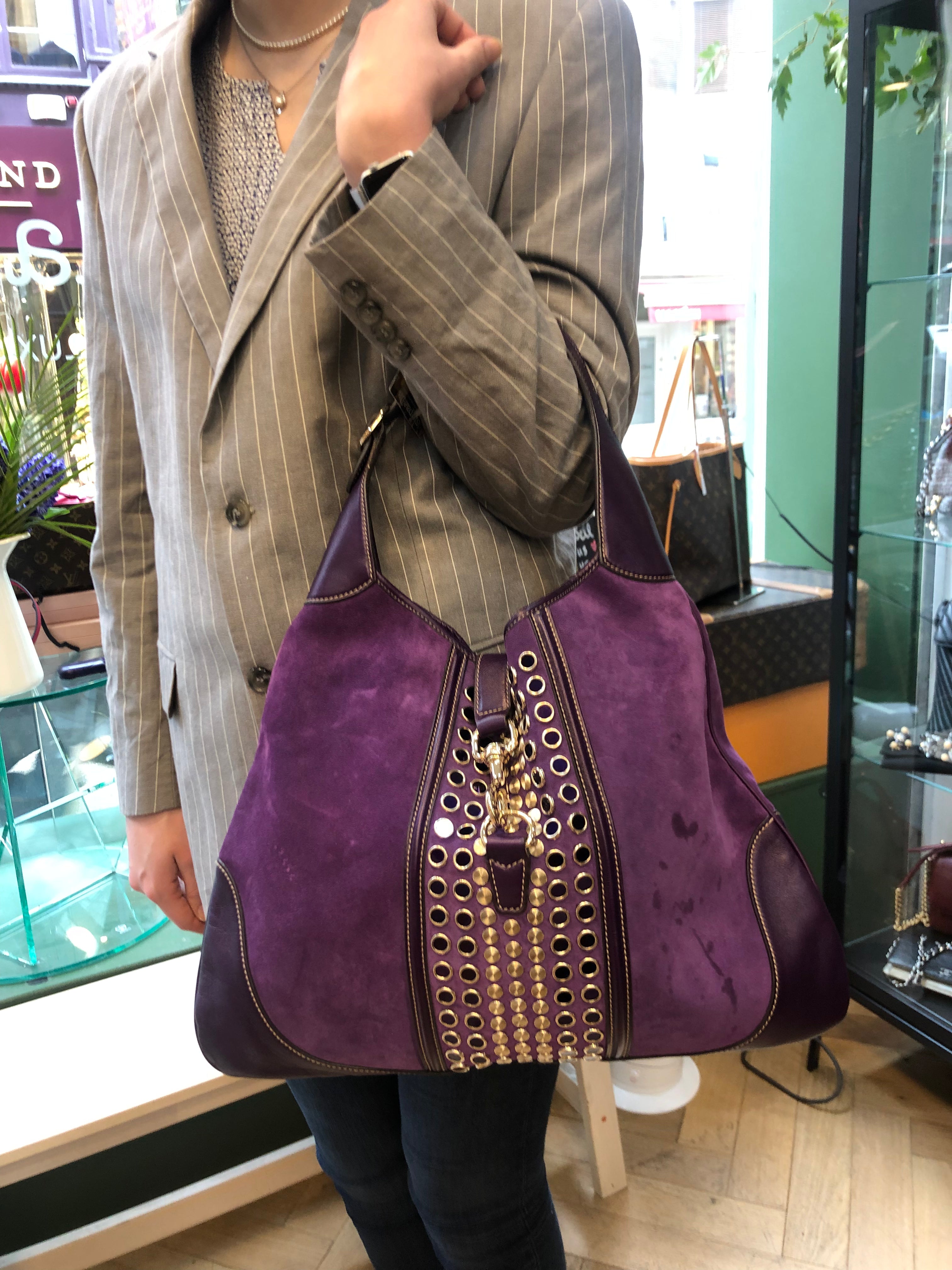 Gucci Vintage Purple Suede Leather Studded Jackie Hobo Discount