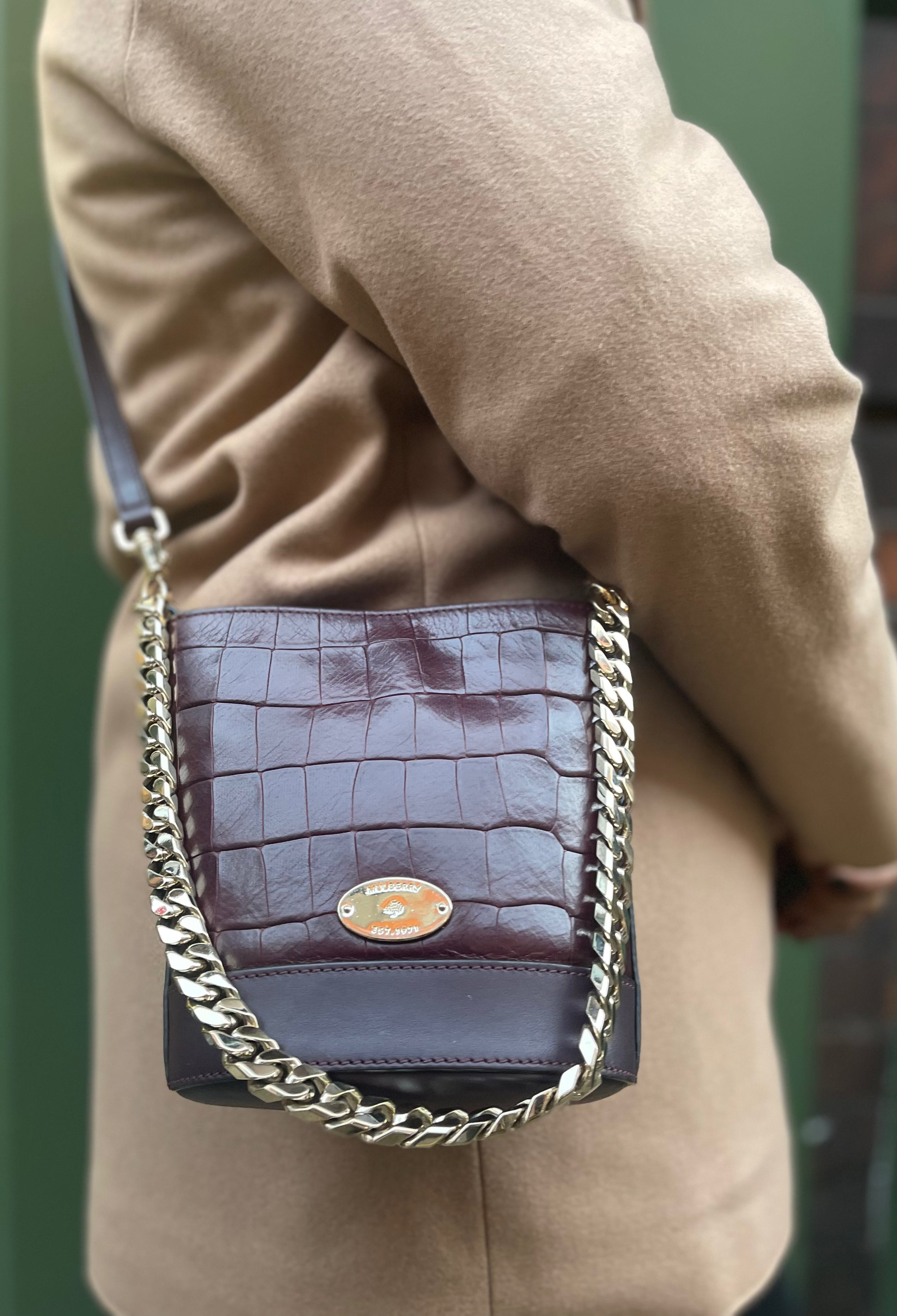 Mulberry Burgundy Croc Effect Leather Bucket Bag Hot on Sale