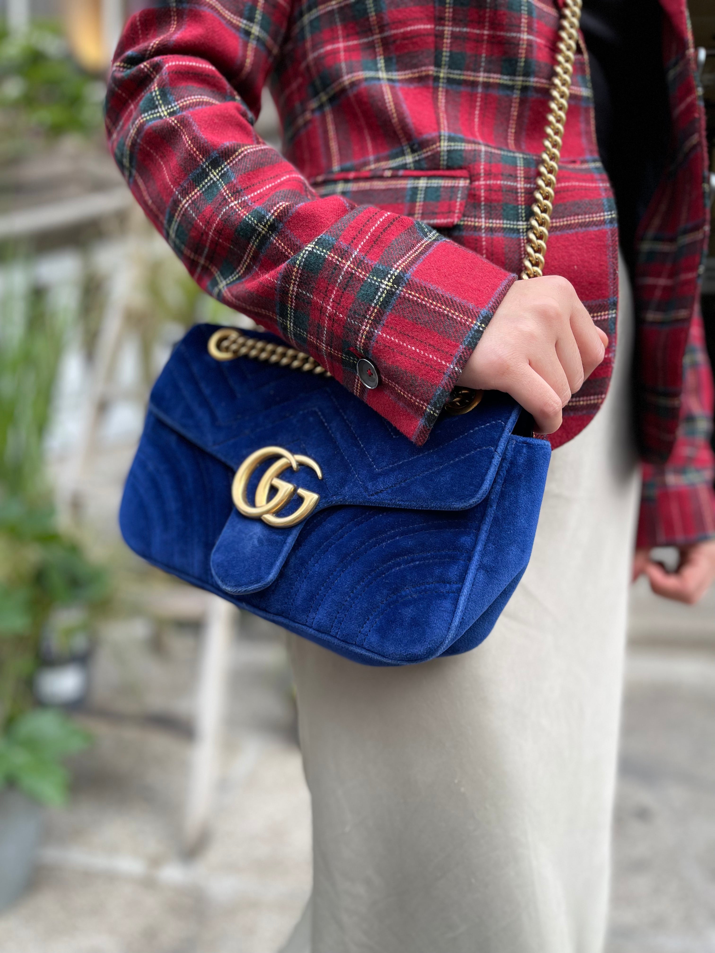 Gucci Small Blue Velvet ‘Marmont’ Crossbody For Cheap